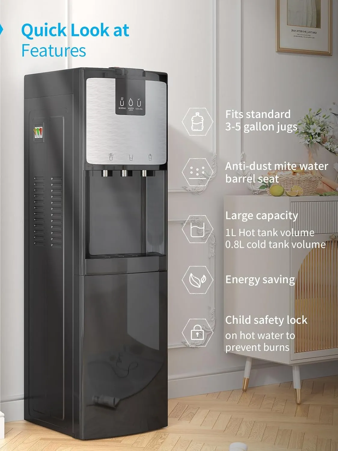 TABU Self-Cleaning Bottom Loading Water Cooler of 3 Temperature Settings - Hot, Cold, Room Water,Anti-Scalding Water Dispenser with Child Safety Lock,for 3 or 5 Gallon Bottle (Stainless Steel)