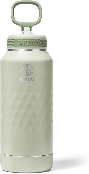 Takeya Sport 32 oz Triple-Insulated Stainless Steel Water Bottle, Straw Lid – Leakproof, Sweatproof, BPA-Free, Keeps Drinks Cold 36 Hrs, Hot 14 Hrs – Eucalyptus