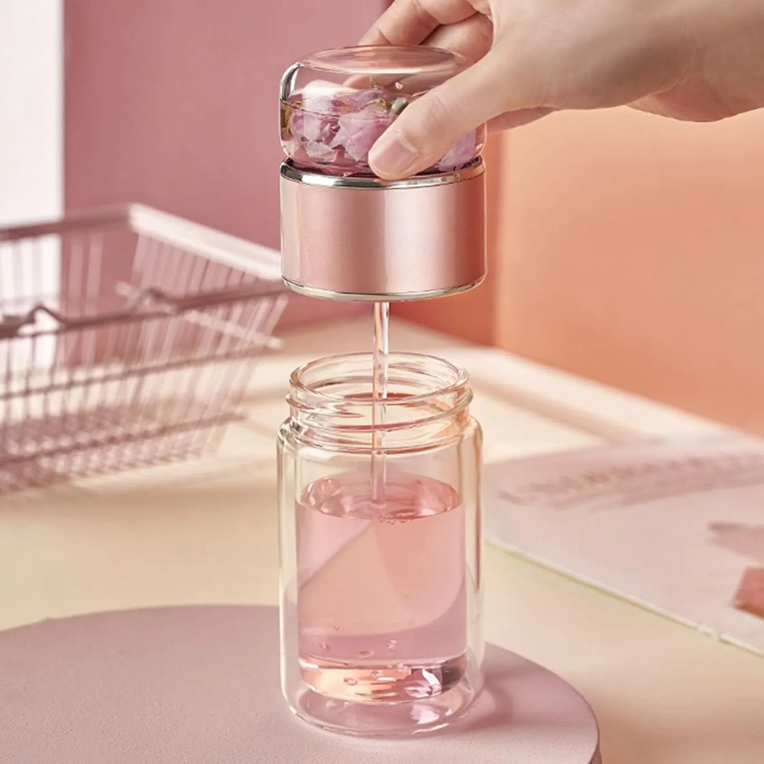Tea Infuser Bottle, 420ml Tea Flood Cup Glass Water Bottle Double Wall Borosilicate Travel Tea Tumbler with Stainless Steel Filter Leakage Proof Water Separation Tea Bottle Mug