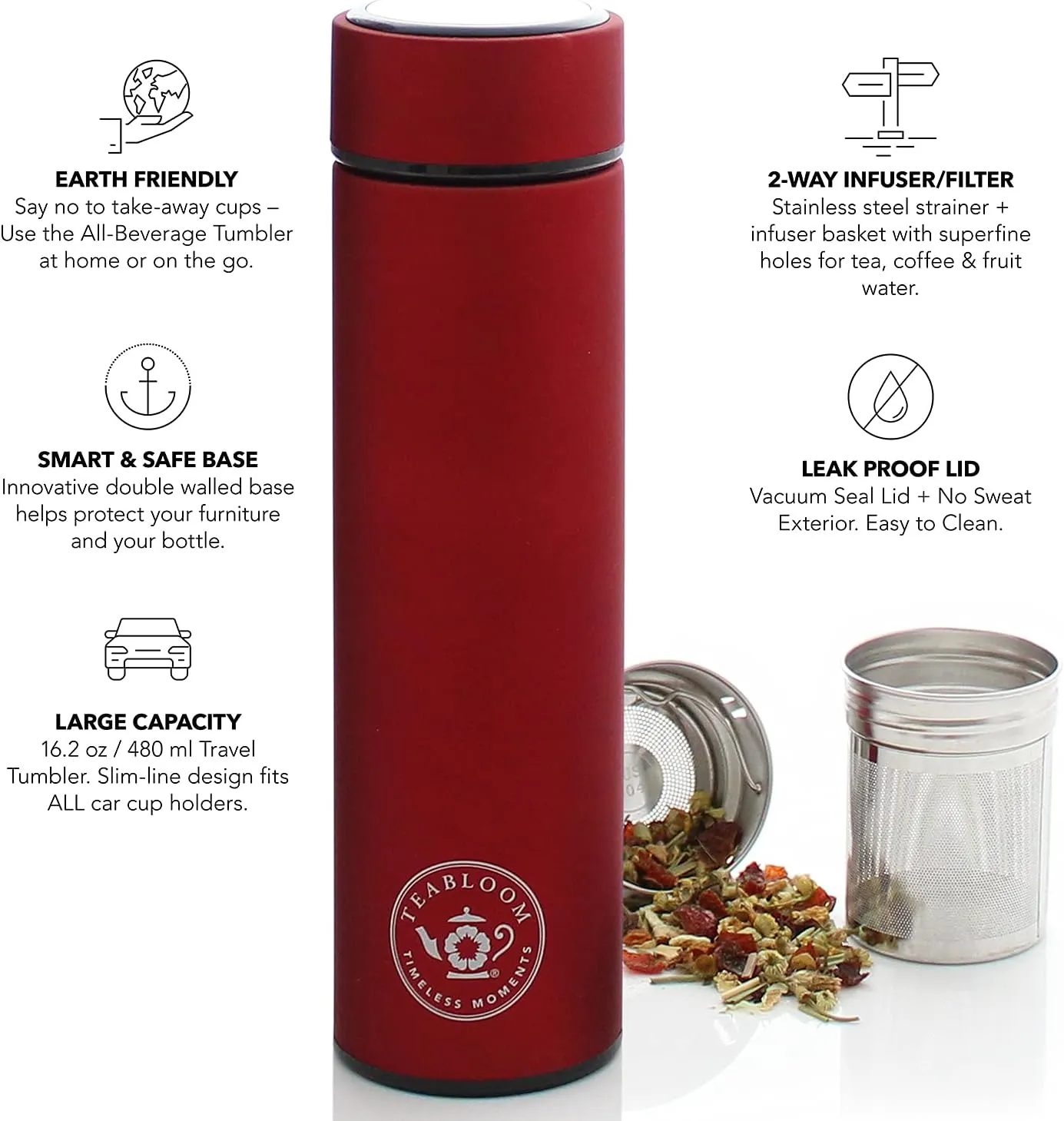 Teabloom ORIGINAL All-Purpose Beverage Tumbler - 16 oz - 480 ml - Brushed Metal Insulated Water Bottle/Tea Flask/Cold Brew Coffee Mug - Extra-Fine Two-Way Infuser Travel Bottle - Ruby Red