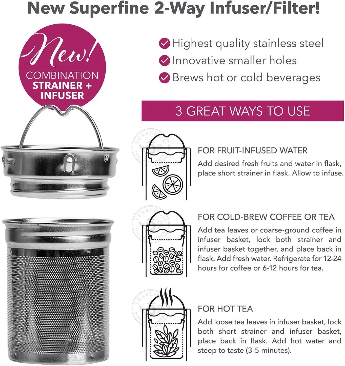 Teabloom ORIGINAL All-Purpose Beverage Tumbler - 16 oz - 480 ml - Brushed Metal Insulated Water Bottle/Tea Flask/Cold Brew Coffee Mug - Extra-Fine Two-Way Infuser Travel Bottle - Ruby Red