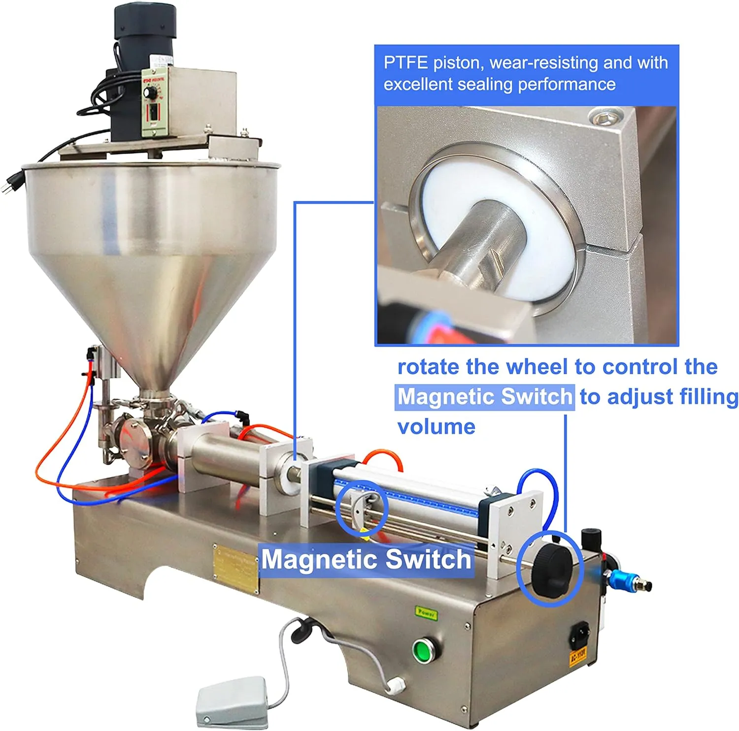 TECHTONGDA Paste Liquid Filling Machine Single Nozzle Piston Filler with Mixing Hopper Bottle Pack Seal for Shampoo Toothpaste 100-1000ml