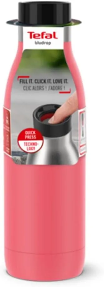 TEFAL BLUDROP Water Bottle, Reusable Stainless Steel Bottle, Hot and Cold Drinks, Dishwasher-Safe, Leak-Proof, 0.5 L, Coral