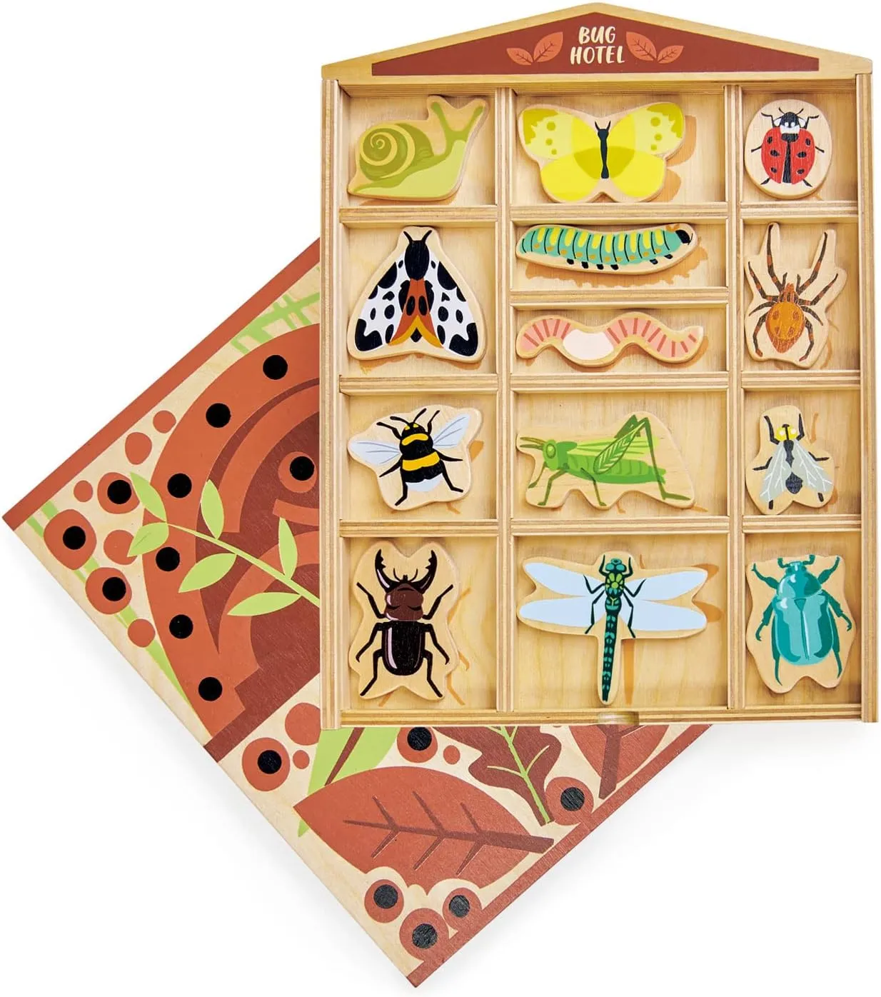Tender Leaf Toys - The Bug Hotel - 13 Wood Garden Bugs with Shelving Unit and Front Panel - Made for Little Hands - Open-Ended Nature Play - Science Learning Toy for Boys and Girls - Age 3 