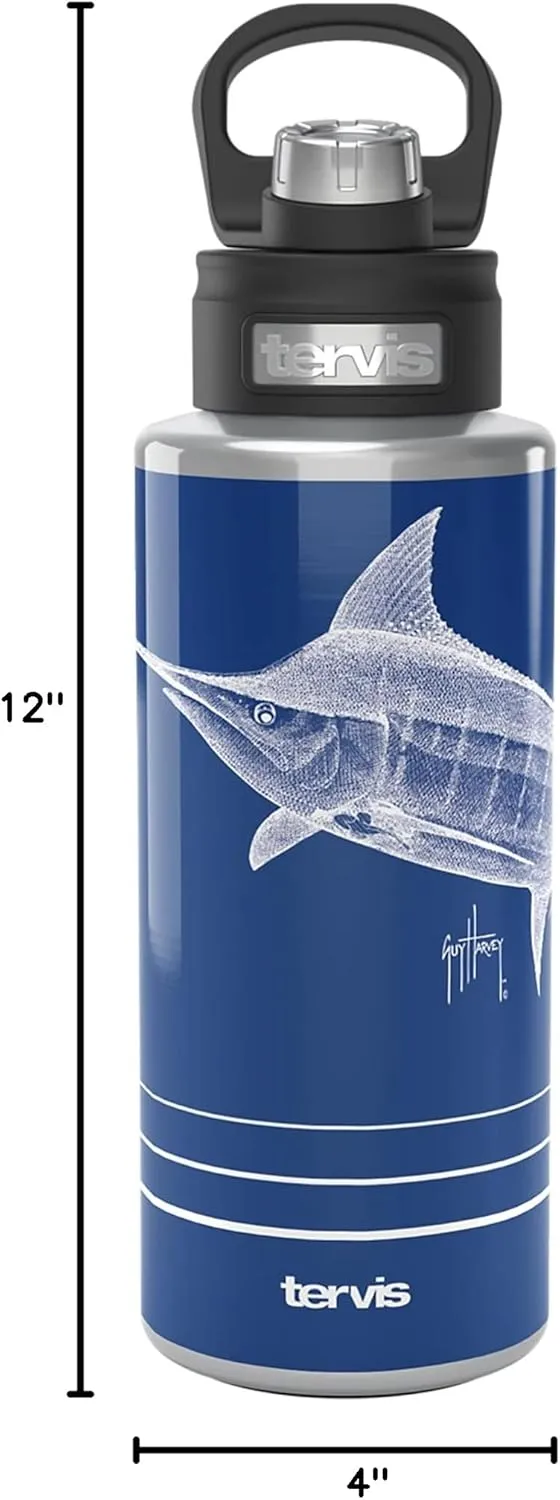 Tervis Guy Harvey Ink Marlin Triple Walled Insulated Tumbler Travel Cup Keeps Drinks Cold, 32oz Wide Mouth Bottle, Stainless Steel
