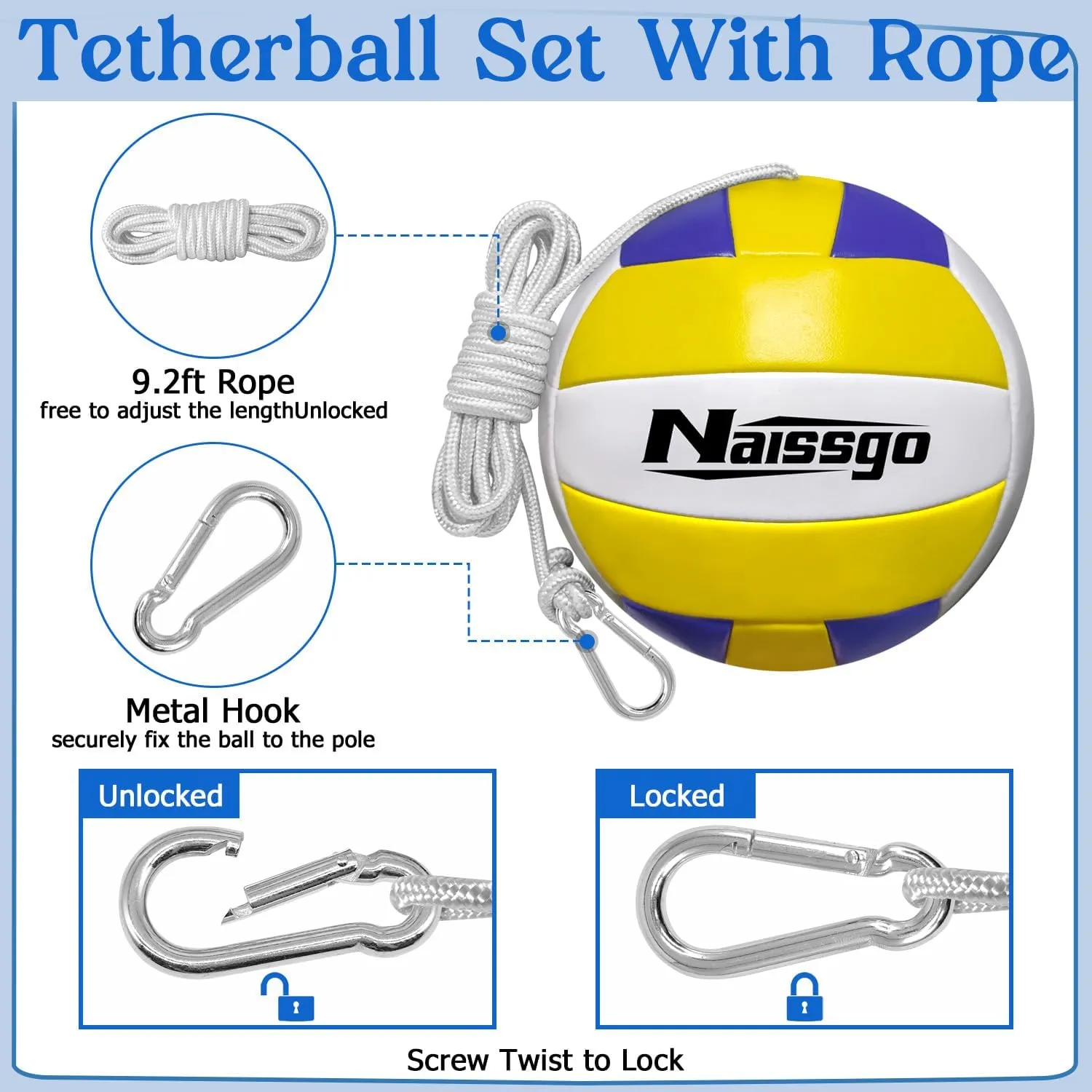 Tetherball Ball and Rope Set, Tetherball Set with Metal Hook,Ball Pump with Needle,Tether Ball Suitable for Family,Adults, Tetherball Ball Backyard Game Outdoor