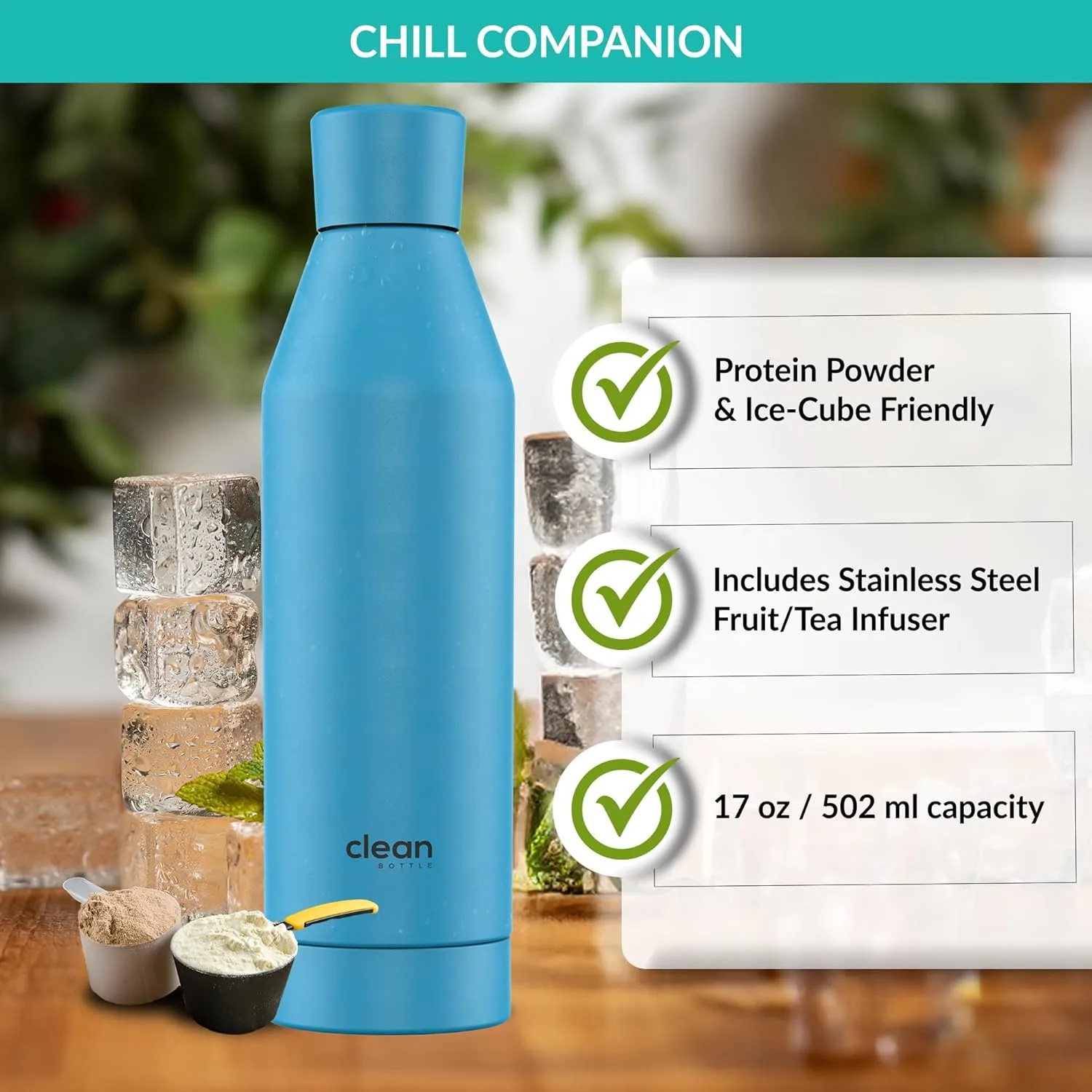 The Clean Hydration Co, Canteen 17, Easy to Clean Vacuum Insulated Stainless Steel Water Bottle with Removable Bottom Cap (Aqua)