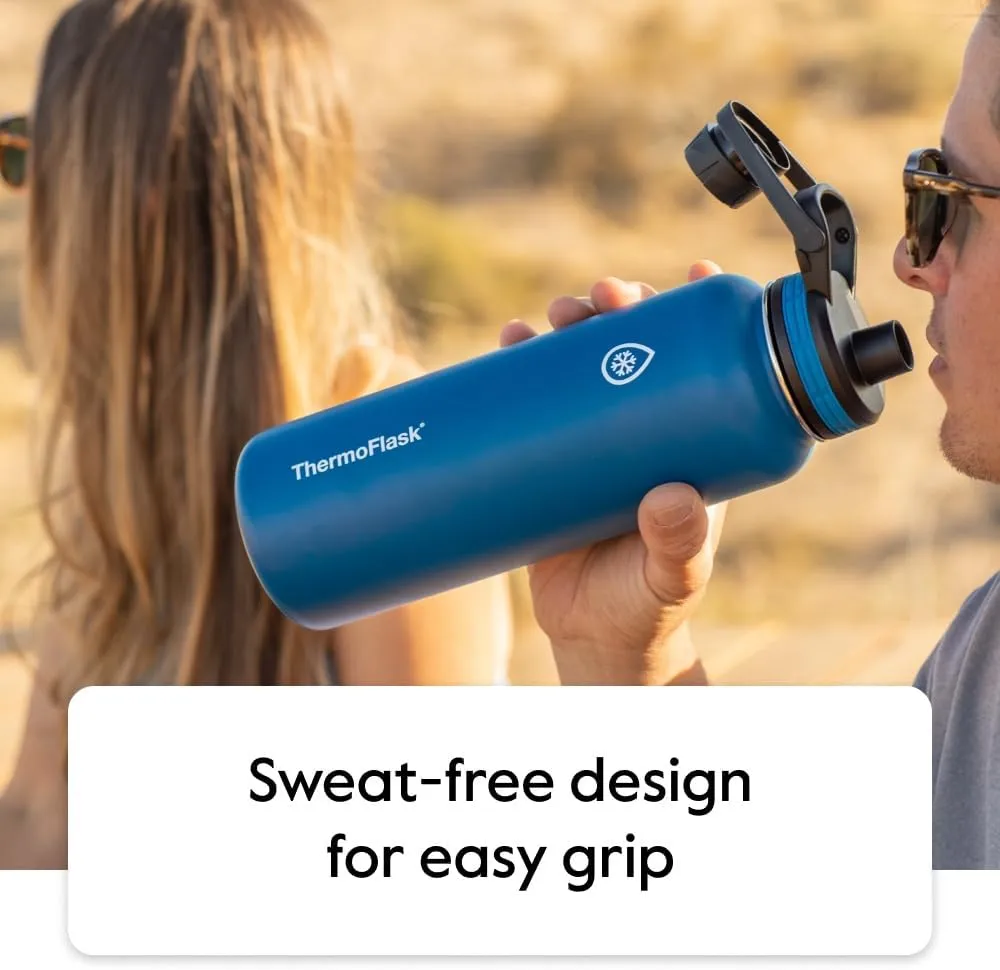 ThermoFlask Bottle with Chug Lid & Straw Lid - Insulated Stainless Steel Water Bottle with Leak-Proof Lids - Dishwasher-Safe Reusable Bottle & Lids - Durable Bottle, 2 Straws & 2 Lids - 32 oz, Black