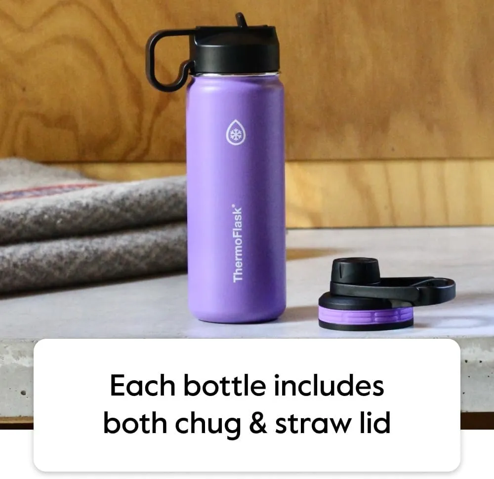 ThermoFlask Bottle with Chug Lid & Straw Lid - Insulated Stainless Steel Water Bottle with Leak-Proof Lids - Dishwasher-Safe Reusable Bottle & Lids - Durable Bottle, 2 Straws & 2 Lids - 32 oz, Black