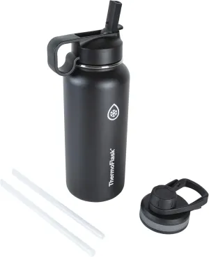ThermoFlask Bottle with Chug Lid & Straw Lid - Insulated Stainless Steel Water Bottle with Leak-Proof Lids - Dishwasher-Safe Reusable Bottle & Lids - Durable Bottle, 2 Straws & 2 Lids - 32 oz, Black