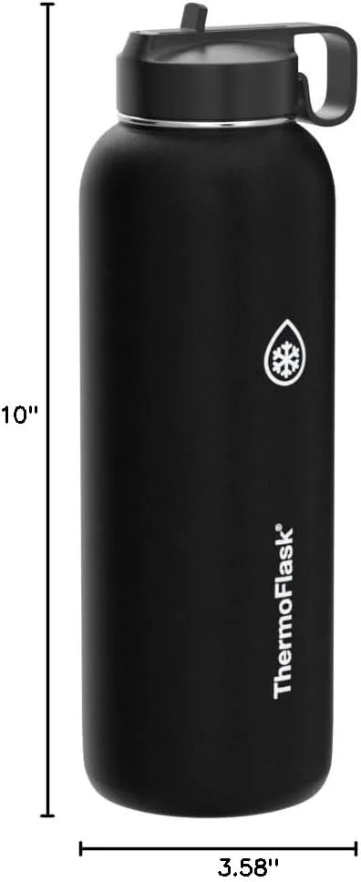 ThermoFlask Bottle with Chug Lid & Straw Lid - Insulated Stainless Steel Water Bottle with Leak-Proof Lids - Dishwasher-Safe Reusable Bottle & Lids - Durable Bottle, 2 Straws & 2 Lids - 32 oz, Black