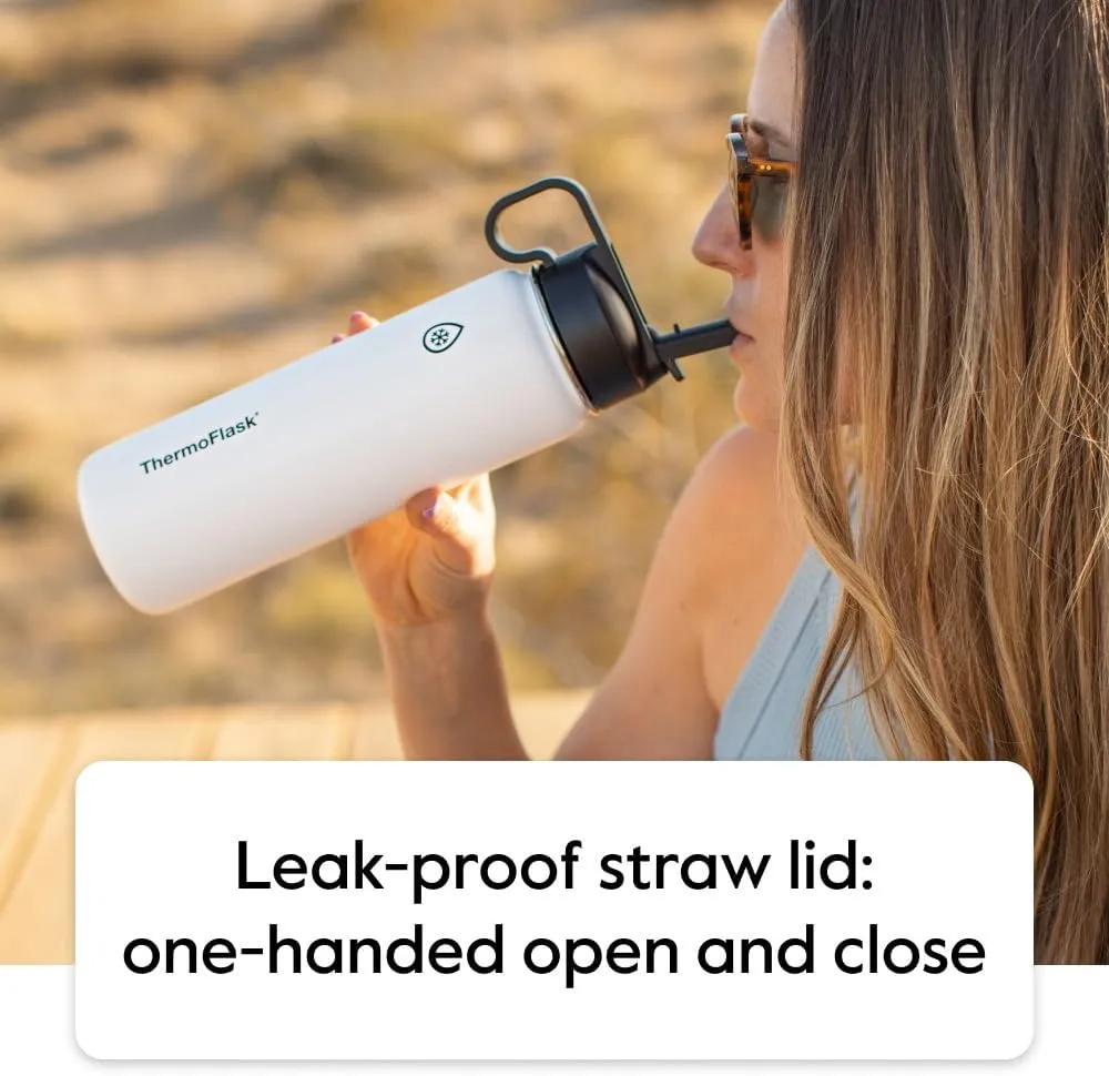 ThermoFlask Bottle with Chug Lid & Straw Lid - Insulated Stainless Steel Water Bottle with Leak-Proof Lids - Dishwasher-Safe Reusable Bottle & Lids - Durable Bottle, 2 Straws & 2 Lids - 32 oz, Black