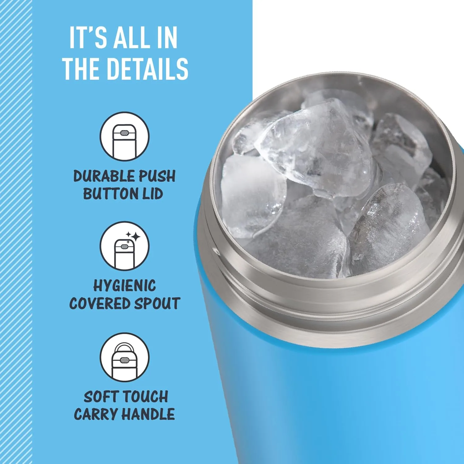 THERMOS FUNTAINER 16 Ounce Stainless Steel Vacuum Insulated Bottle with Wide Spout Lid, Electric Blue