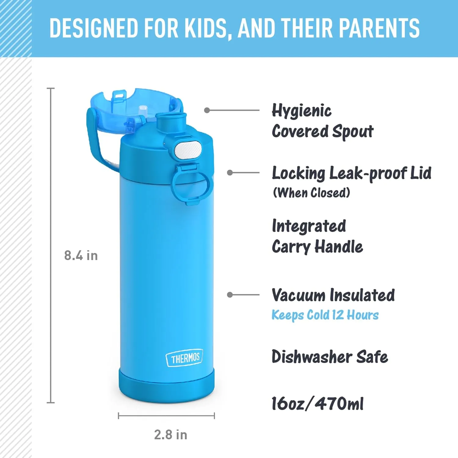 THERMOS FUNTAINER 16 Ounce Stainless Steel Vacuum Insulated Bottle with Wide Spout Lid, Electric Blue