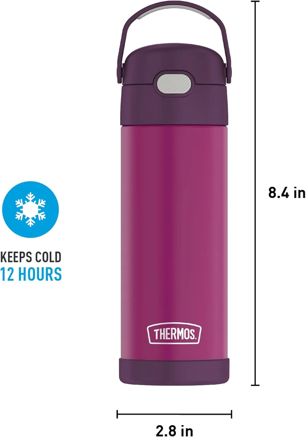 THERMOS FUNTAINER 16 Ounce Stainless Steel Vacuum Insulated Bottle with Wide Spout Lid, Red Violet