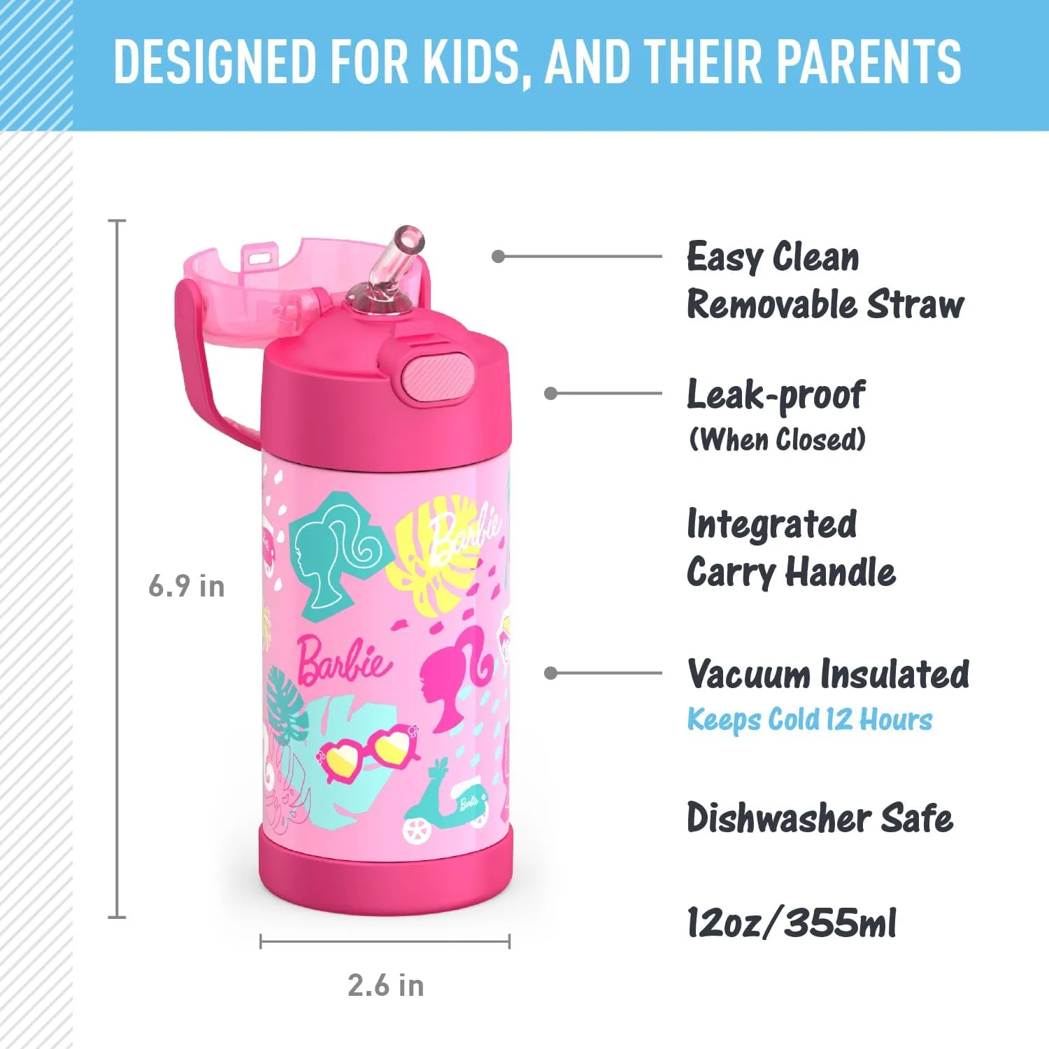 THERMOS FUNTAINER Water Bottle with Straw - 12 Ounce - Kids Stainless Steel Vacuum Insulated Water Bottle with Lid, Barbie