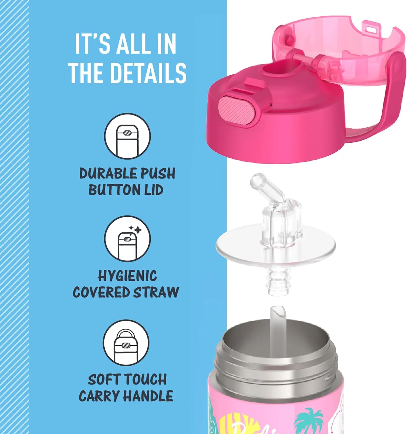 THERMOS FUNTAINER Water Bottle with Straw - 12 Ounce - Kids Stainless Steel Vacuum Insulated Water Bottle with Lid, Barbie
