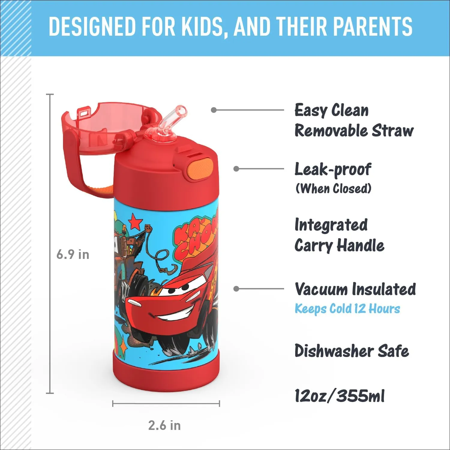 THERMOS FUNTAINER Water Bottle with Straw - 12 Ounce - Kids Stainless Steel Vacuum Insulated Water Bottle with Lid, Cars