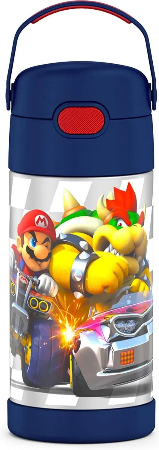 THERMOS FUNTAINER Water Bottle with Straw - 12 Ounce - Kids Stainless Steel Vacuum Insulated Water Bottle with Lid, Super Mario Brothers