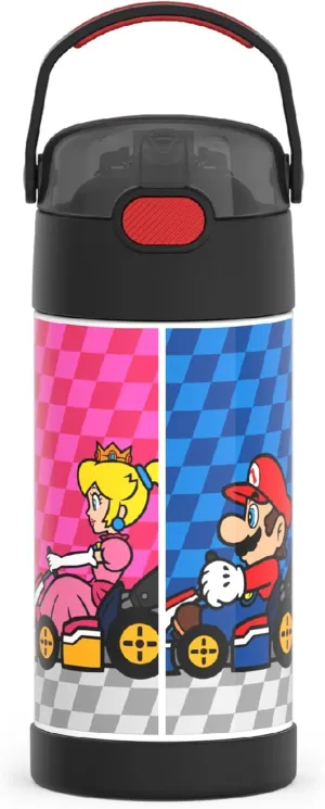 THERMOS FUNTAINER Water Bottle with Straw - 12 Ounce - Kids Stainless Steel Vacuum Insulated Water Bottle with Lid, Super Mario Brothers