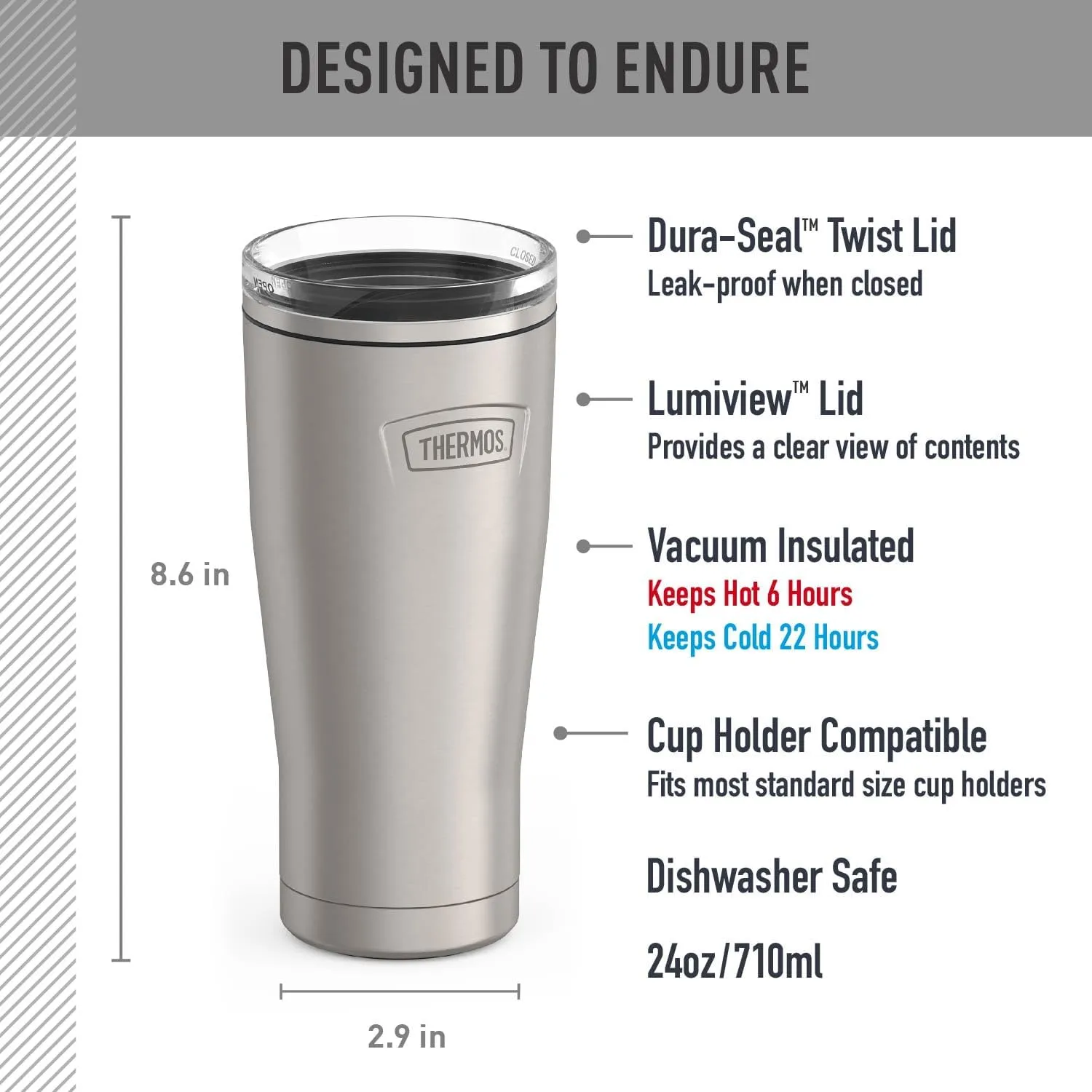 THERMOS ICON SERIES, Stainless Steel Cold Tumbler, 24 Ounce, Matte Stainless Steel