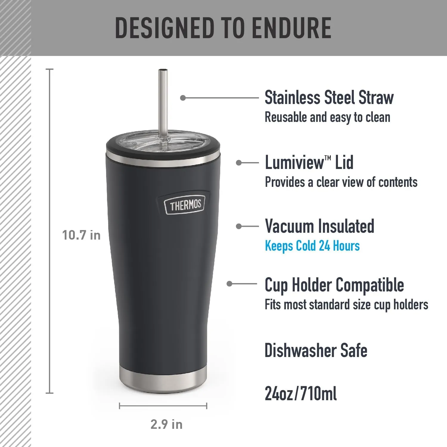 THERMOS ICON SERIES, Stainless Steel Cold Tumbler with Lid and Straw - 24 Ounce, Granite - Vacuum Insulated Tumbler