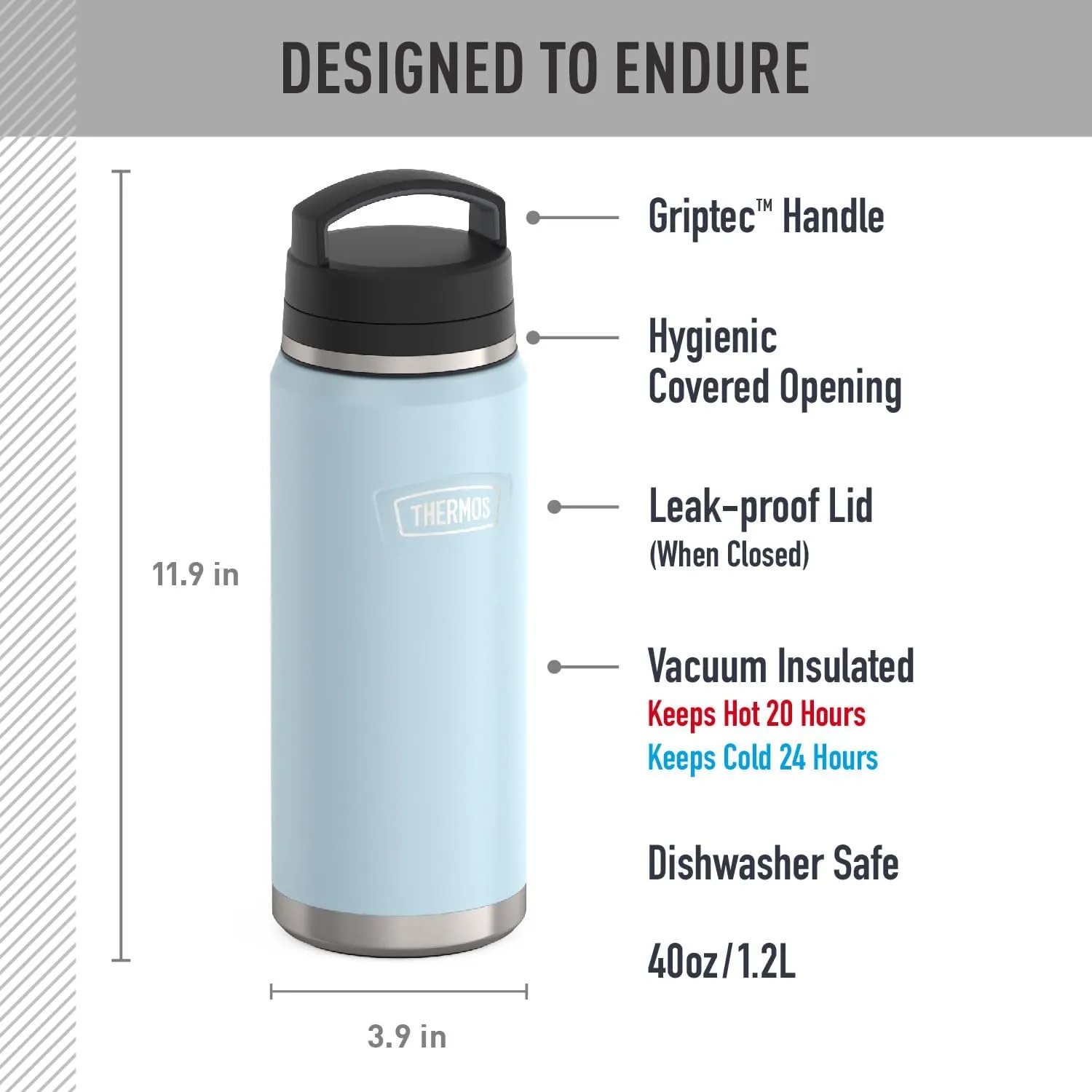 THERMOS ICON SERIES, Stainless Steel Dual Temperature Beverage Bottle, 40 oz, Glacier