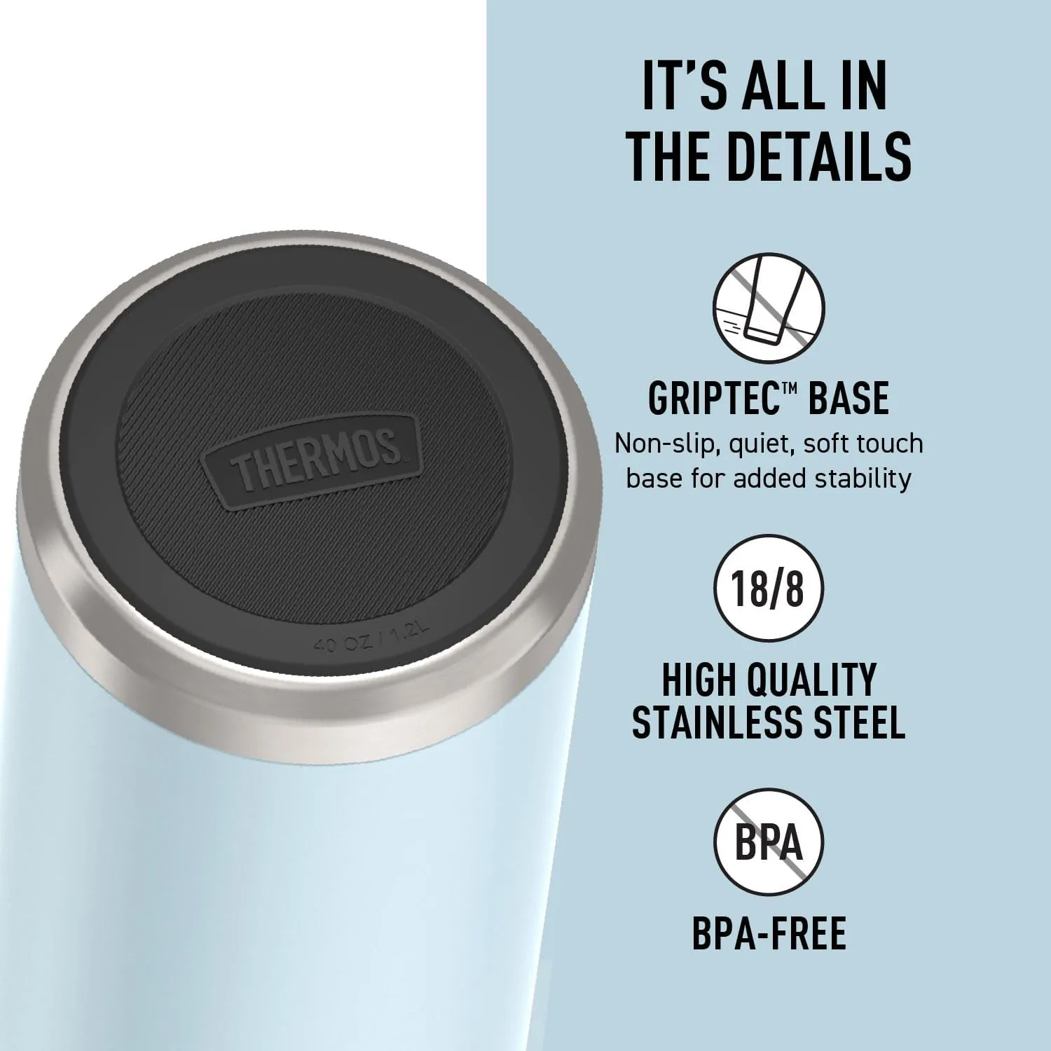 THERMOS ICON SERIES, Stainless Steel Dual Temperature Beverage Bottle, 40 oz, Glacier