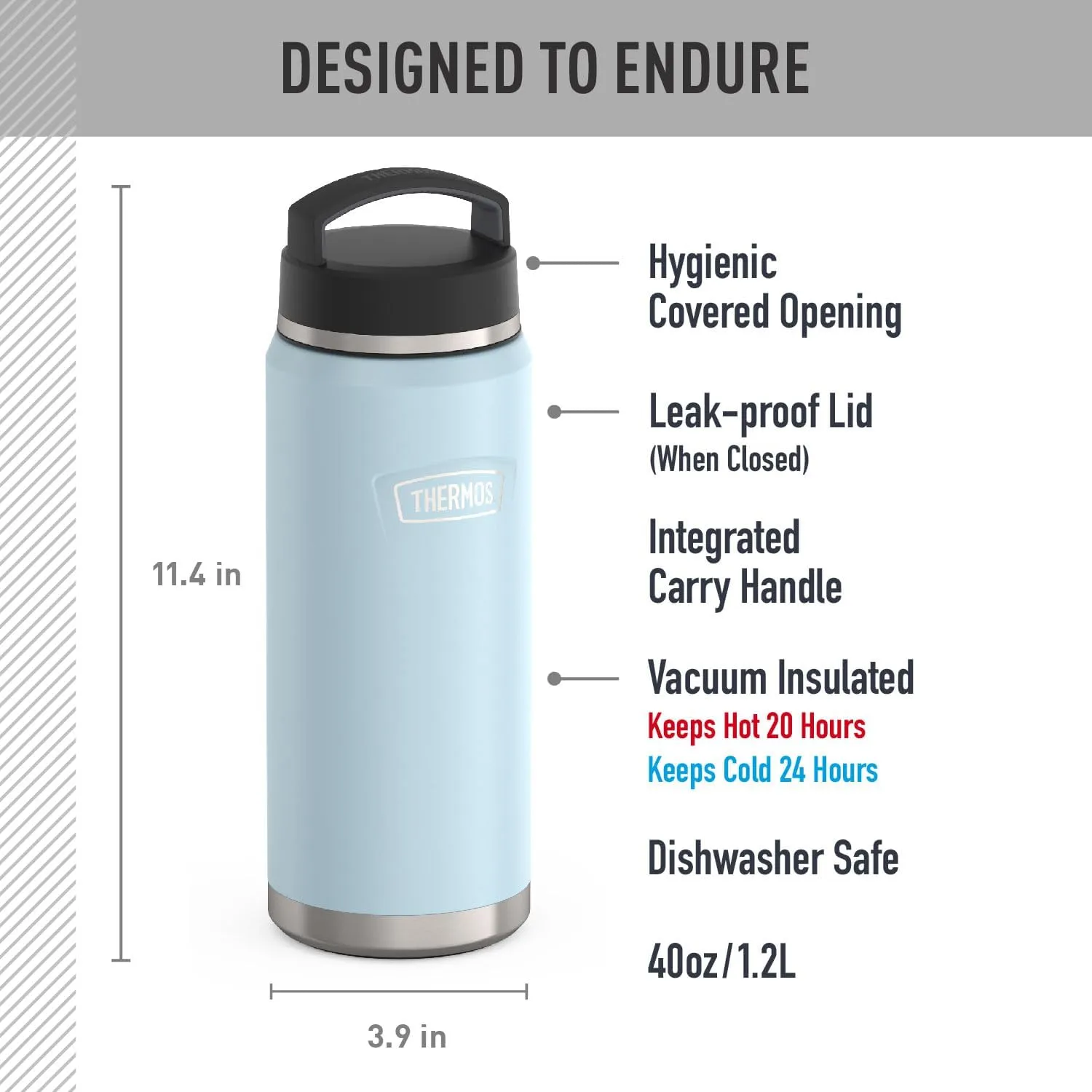 THERMOS ICON SERIES Water Bottle with Screw Top Lid - 40 Ounce, Glacier - Stainless Steel Vacuum Insulated Water Bottle with Lid