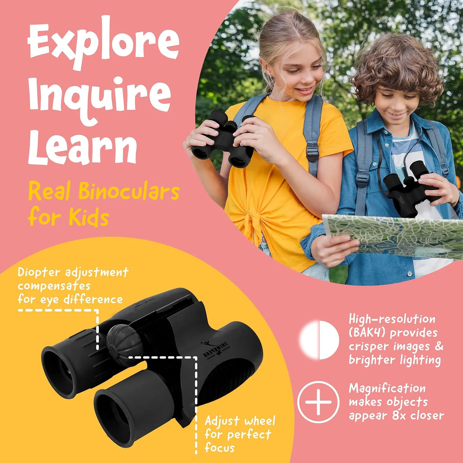 Think Peak Black Binoculars Science Toy for Kids Ages 4-8 Years - Real Compact Outdoor Adventure & STEM Educational Nature Hiking Explorer for Bird Watching, Camping Children’s Birthday Gift