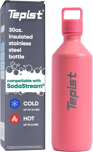 ThirtyO 30oz Stainless Steel Bottle Compatible with Sodastream Machines | Powder Coated Coral | Vacuum Sealed | Double Walled | Leak-Proof | Easy to Carry | Reusable Bottle