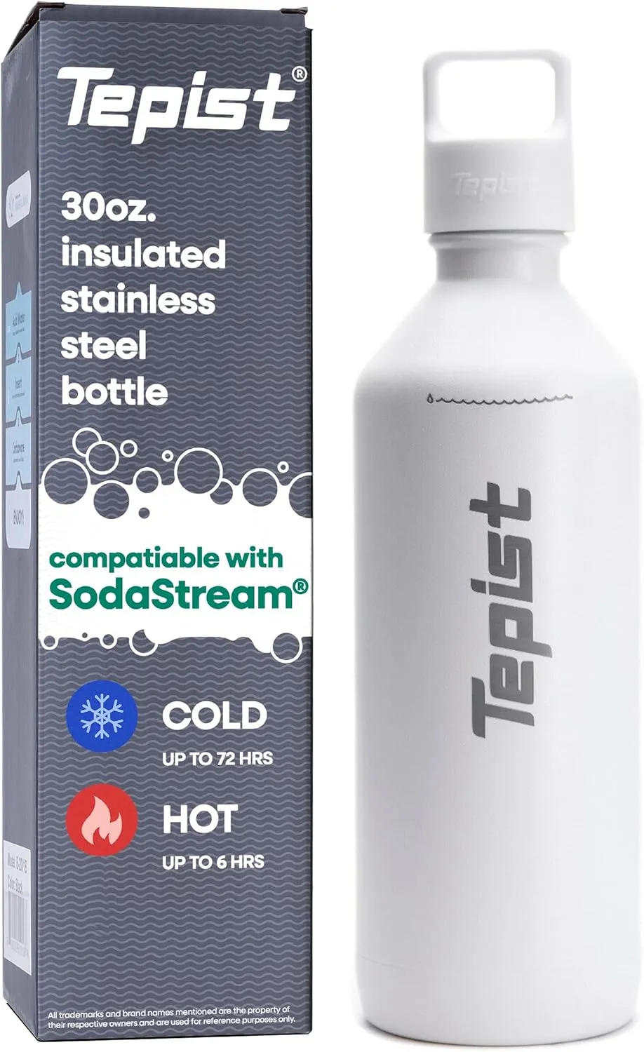 ThirtyO 30oz Stainless Steel Bottle Compatible with Sodastream Machines | Powder Coated White | Vacuum Sealed | Double Walled | Leak-Proof | Easy to Carry | Reusable Bottle