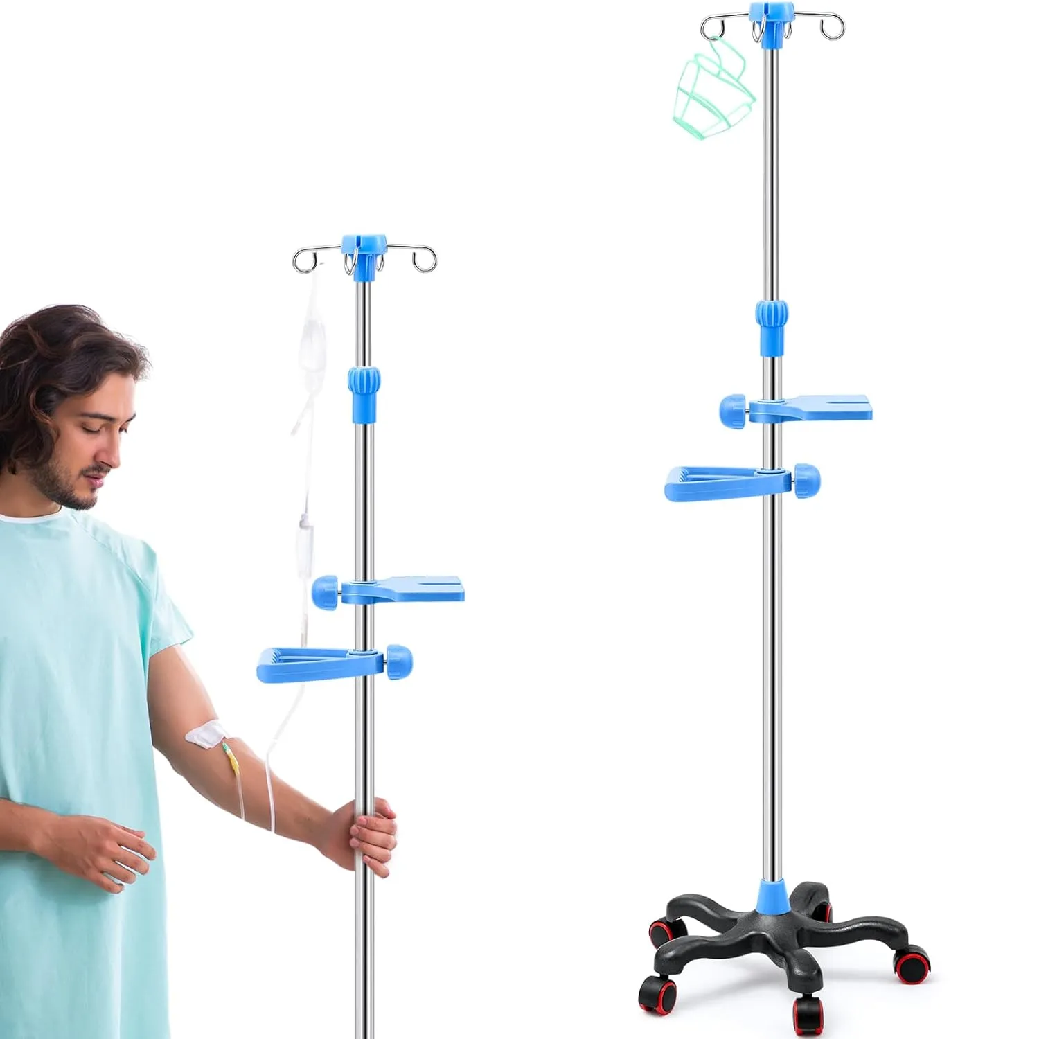 Thyle IV Pole with Wheels Tray Stand Portable 4 Hooks 5 Wheels IV Fluid Bag Stand Height Adjustable Stainless Steel Intravenous Pole with Hanging Net for Home Hospital(Stylish)
