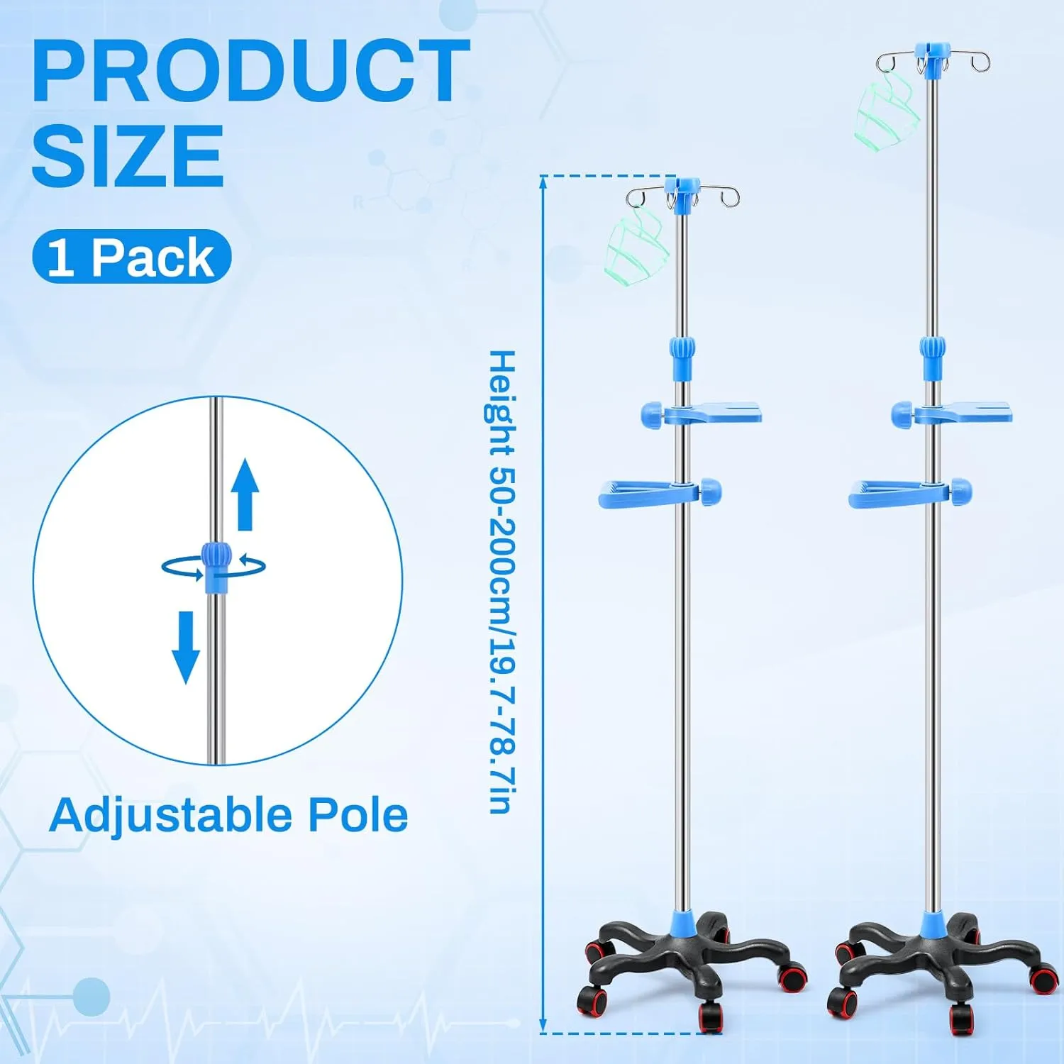 Thyle IV Pole with Wheels Tray Stand Portable 4 Hooks 5 Wheels IV Fluid Bag Stand Height Adjustable Stainless Steel Intravenous Pole with Hanging Net for Home Hospital(Stylish)