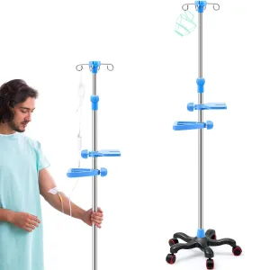Thyle IV Pole with Wheels Tray Stand Portable 4 Hooks 5 Wheels IV Fluid Bag Stand Height Adjustable Stainless Steel Intravenous Pole with Hanging Net for Home Hospital(Stylish)