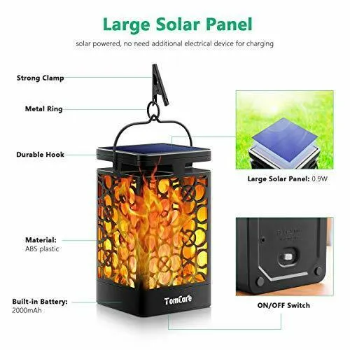 TomCare Solar Lights Upgraded Solar Lantern Flickering Flame Outdoor Hanging Lan