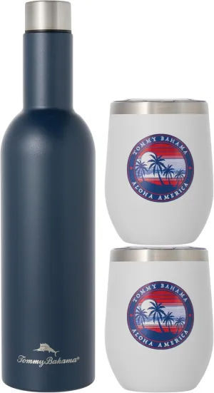 Tommy Bahama Beverage Chiller Set - Includes 25oz Bottle and (2)12oz Tumblers - Vacuum Insulated Double-Wall Stainless Steel, Keep Drinks Warm for 6 Hours or Cold for 12 Hours - Aloha Americana
