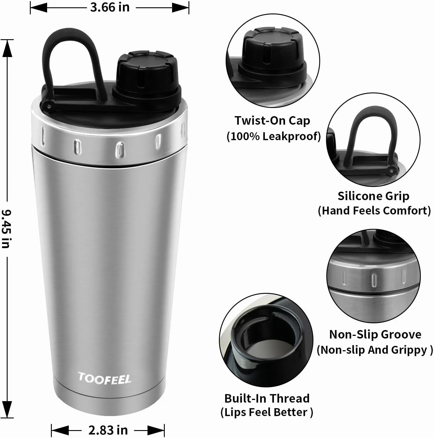 TOOFEEL Protein Shaker Bottle 20 oz - Double Walled Insulated Vacuum Cup for Protein Shakes, Keeps Cold/Hot, Metal Stainless Steel, Preworkout Gym