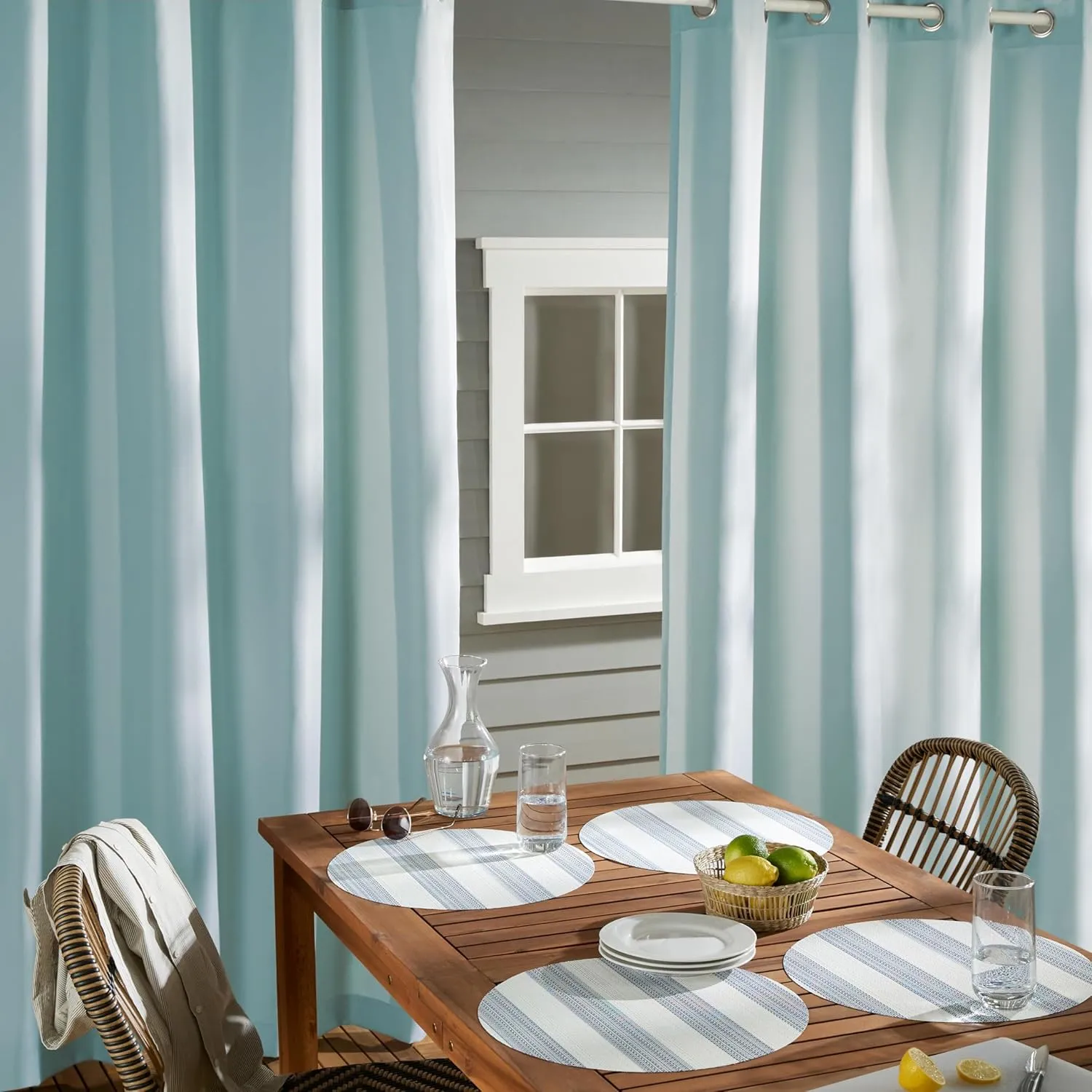 TOWN & COUNTRY BASICS Cabana Solid Heavyweight Indoor Outdoor Curtains, Light Filtering Opacity with Grommet Top, Water Repellent, 2-Pack Set, 54"x108", Blue