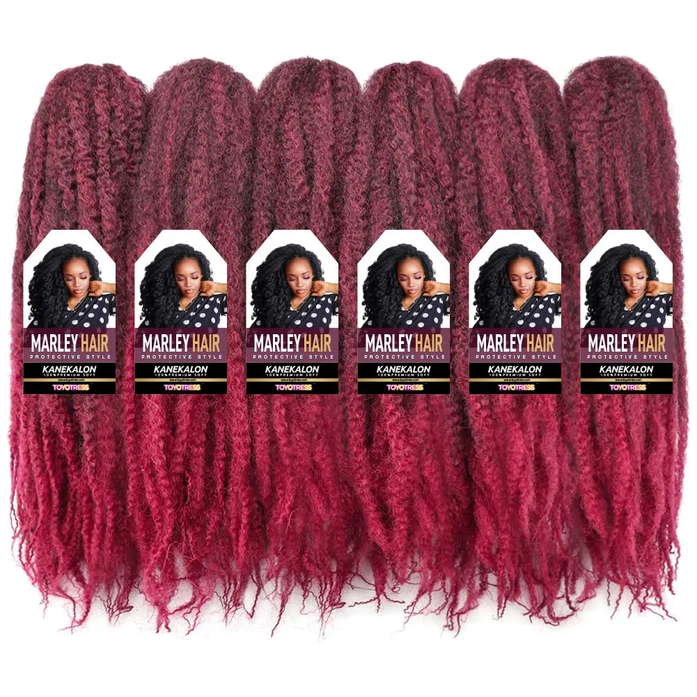ToyoTress Marley Twist Braiding Hair - 18 Inch 6 Packs Ombre Burgudy Red Marley Twist Crochet Hair, Marley Hair For Faux Locs Afro Kinky Curly Marley Braids Synthetic Braiding Hair (18 Inch-6P, T-Bug)