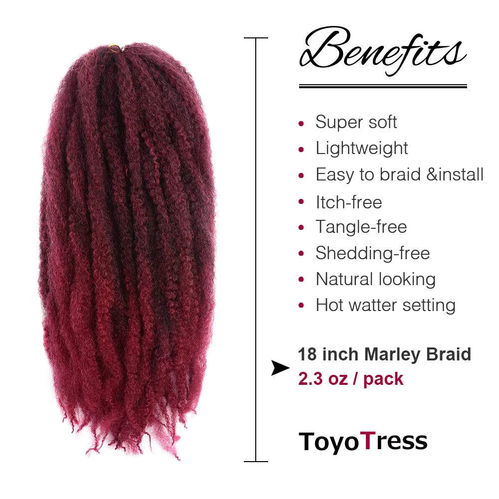 ToyoTress Marley Twist Braiding Hair - 18 Inch 6 Packs Ombre Burgudy Red Marley Twist Crochet Hair, Marley Hair For Faux Locs Afro Kinky Curly Marley Braids Synthetic Braiding Hair (18 Inch-6P, T-Bug)