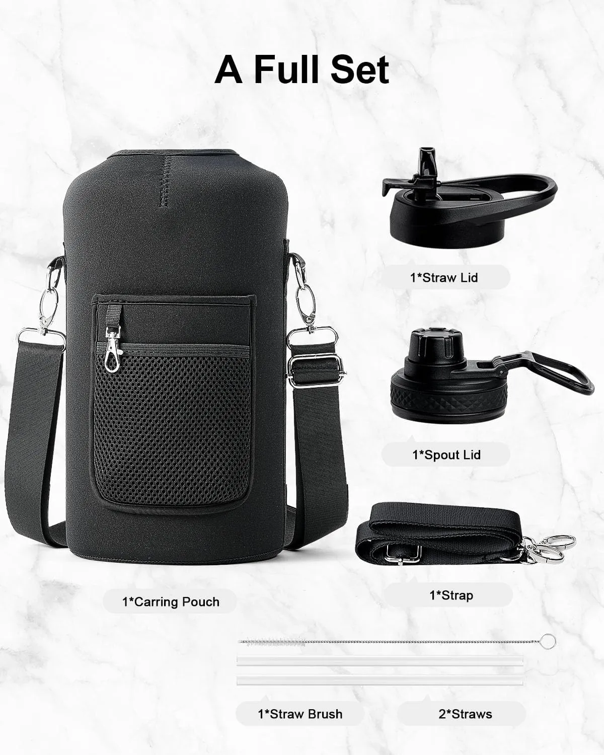 Trebo 128 oz Water Bottle Insulated with Handle, One Gallon Stainless Steel Metal Large Jug, Travel Flask with Straw Spout Lid, Mug Tumbler Cup with Carry Pouch, Keep Cold Hot, Black
