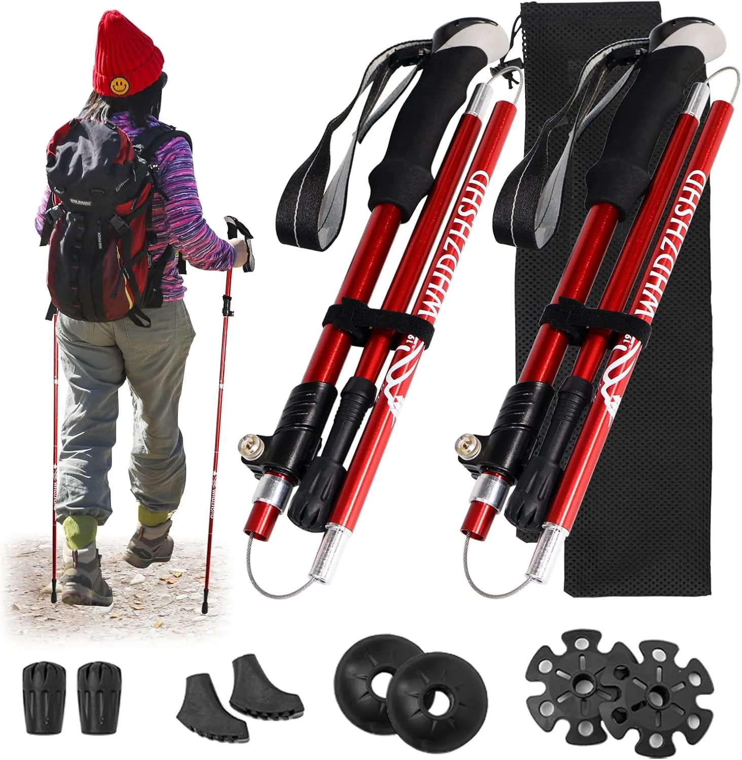 Trekking Poles Collapsible Lightweight 2-Pack – Aluminum Hiking Poles with 4 Interchangeable Tips, Adjustable for Men & Women, Mountain Climbing & Backpacking