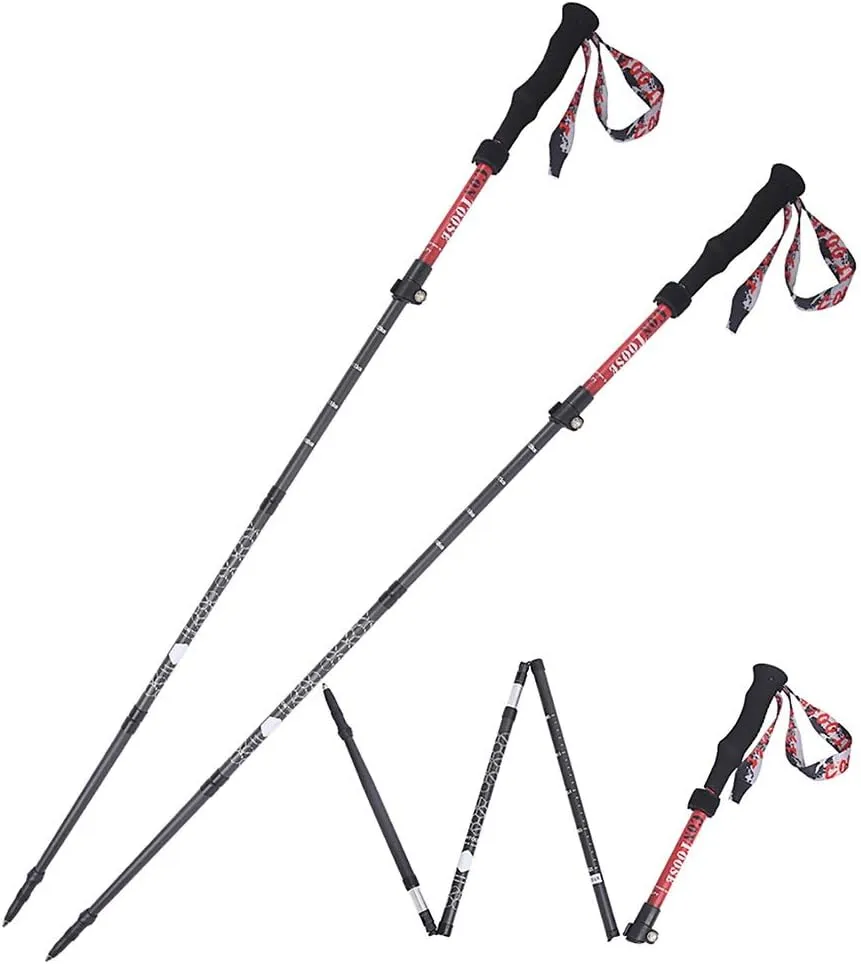 Trekking Poles Collapsible Lightweight Carbon Alloy Carbon Tungsten Steel Rod Tip Anti-Shock Absorb Ultralight Travel by Walking Ski Cross The River 2PCS Accessories&Carry Bags (Color : Red) (Red )