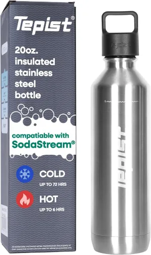 TwentyO 20oz Stainless Steel Bottle Compatible with Sodastream Machines | Silver | Vacuum Sealed | Double Walled | Leak-Proof | Easy to Carry | Reusable Bottle