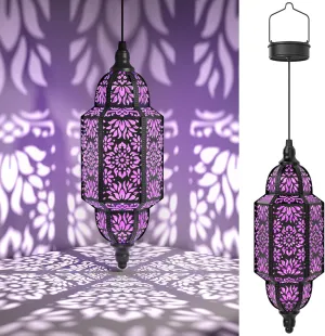 Twinkya Hanging Solar Lights Outdoor Garden Decorative Solar Lantern Waterproof Metal Moroccan Outdoor Decorations for Patio Pathway Yard Porch Backyard Garden Decor (Purple, 1 Pack)