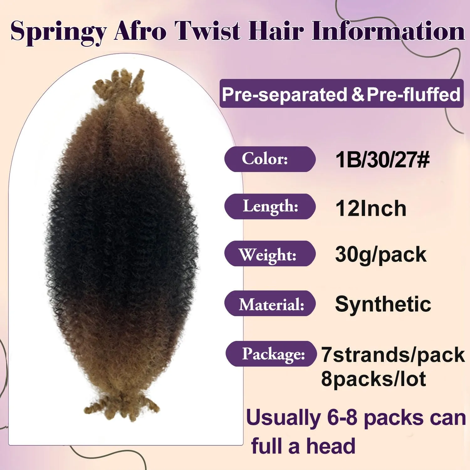 Twisted Up Springy Afro Twist 8 Packs Afro Twist Hair 12 Inch Marley Hair 1B/30/27 Kinky Curly Braiding Hair for Butterfly Locs Ombre Blonde Cuban Twist Hair Synthetic Spring Twist Hair Extensions