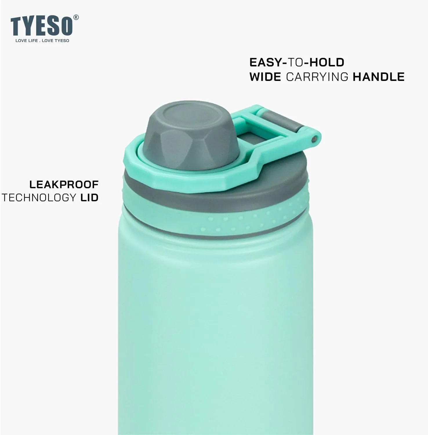TYESO Water Bottle with Carrying Handle Lid | Insulated Stainless Steel Thermos | Travel Water Bottles for Gym & Sports | Leak Proof & BPA Free | Quick Flip Go Collection | 25oz (Seafoam)
