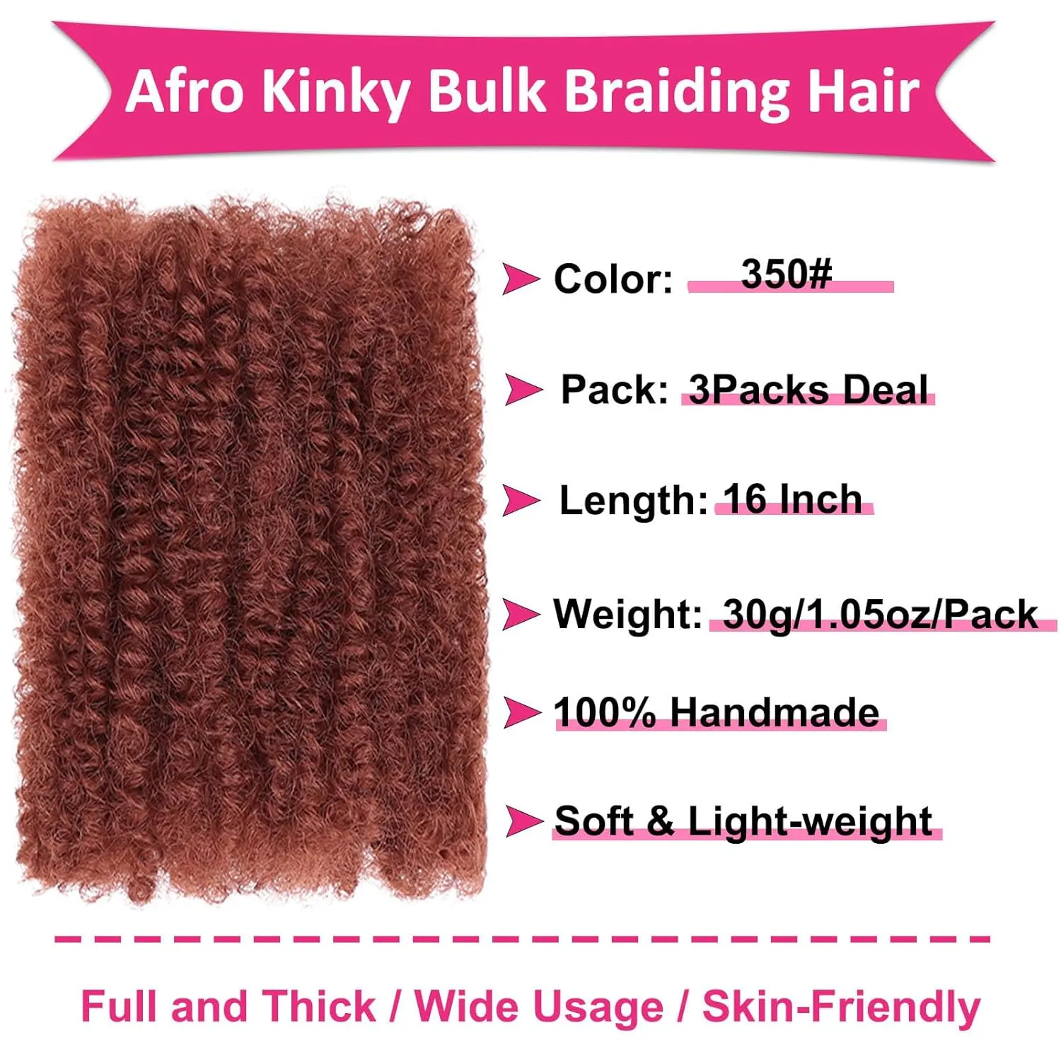 Unionbeauty 3 Packs Afro Kinky Curly Bulk Hair 16 Inch Copper Red Kinky Curly Braiding Hair for Micro Twist Braiding Hair Ginger Synthetic Afro Twist Kinky Hair Extension for Woman 350#