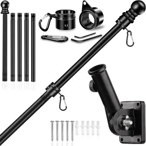 Upgraded Flag Pole Kit w/Mutil-Position Adjustable Bracket Holder & w/Spinning Rings - 5FT to 6Ft 1" Metal Flagpole Kit for 3x5 American Flag - House Wall Mount Flag Pole (6 FT, w/180° Black Bracket)